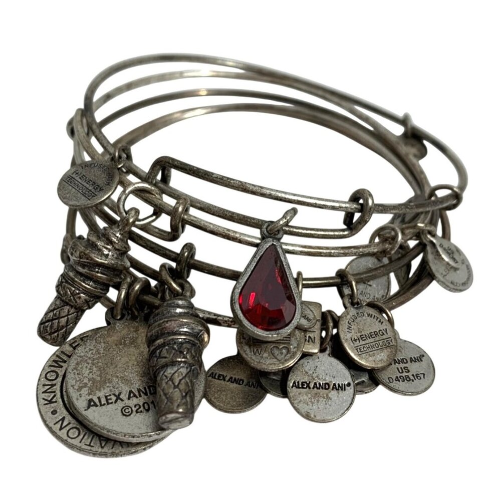 Alex & Ani Silver Charm Bangles Set Of 5 Ice Cream, K, Path of Life, Red Drop